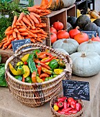 Carrots, peppers, chillies and squash at the Jacobins market, Le Mans, Sarthe, France