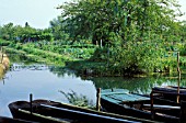 Boats and vegetable garden, Marsh of Bourges, Cher, France