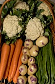 Basket of prize winning vegetables, Moreton-in-Marsh agricultural show, England.