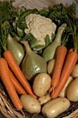 Basket of prize winning vegetables, Moreton-in-Marsh agricultural show, England.