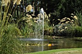 Pond bordered with Cortaderia argentea and water fountain jet, Mellerstain Garden
