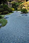 Raked gravel and conifers in Zen garden, Imperial City, Kamakura, Japan