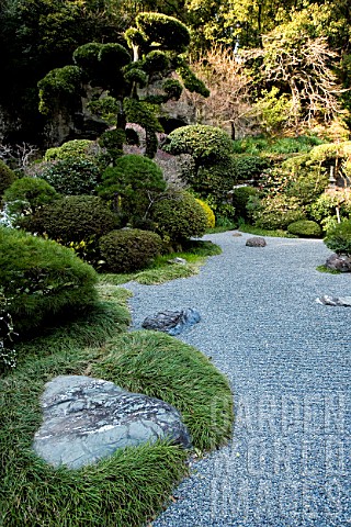 Raked_gravel_and_conifers_in_Zen_garden_Imperial_City_Kamakura_Japan