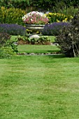 Lawn and flower container at Malleny Garden, Scotland