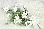 BOUQUET WITH EUCHARIS GRANDIFLORA, EUCALYPTUS, CUPRESSUS ARIZONICA GLAUCA