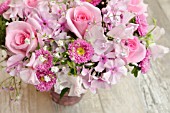PINK BOUQUET OF SUMMER FLOWERS WITH ASTERS, ROSES, PHLOX AND GYPSOPHILA