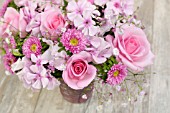 PINK BOUQUET OF SUMMER FLOWERS WITH ASTERS, ROSES, PHLOX AND GYPSOPHILA