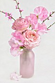 PINK EDGED RANUNCULUS AND SWEAT PEAS IN BOTTLE