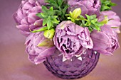 ARRANGEMENT OF PURPLE PEONIES AND TULIPS IN GLASS VASE