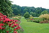 THE LONG BORDERS AT HARLOW CARR GARDEN WITH MONARDA GARDENVIEW SCARLET IN THE FOREGROUND