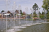 TERRA BOTANICA, ANGERS, FRANCE - VIEW OF RESTAURANT FROM WATER GARDEN