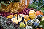 DISPLAY OF GOURDS, SQUASHES AND CARVED AUTUMN PRODUCE