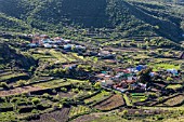 AERIAL VIEW OVER THE VINEYARDS AND POTATO FIELDS IN THE FERTILE VALLEY OF VALE ARRIBA IN TENERIFE