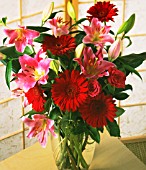 PINK AND RED FLOWER ARRANGEMENT IN VASE, INDOOR