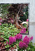 ASTILBE CHINENSIS VISION IN RED GROWING BESIDE METAL SCULPTURE REFLECTED IN MIRROR BEHIND