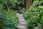 URBAN GARDEN WITH PEBBLE PATH AND RAILWAY SLEEPERS