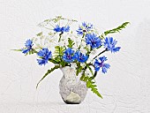 Cornflower, Centaurea cyanus and Cow parsley, Anthriscus sylvestris posy in jug vase. Artistic textured layers added to image to produce a painterly effect.
