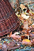 BASKET WITH LEAVES AS A WINTER NEST FOR HEDGEHOGS