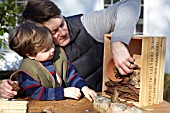 INSECT HOUSE BUILDING PROJECT WITH FATHER AND SON.  FILLING GAPS IN THE BOX WITH BARK.  STEP 19