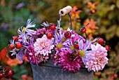 OLD GALVANISED BUCKET WITH CHRYSANTHEMUM AND ROSE HIPS.