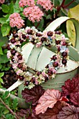 OLD WATERING CAN WITH WITH HEART SHAPE WREATH  AUTUMN ARRANGEMENT