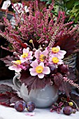 AUTUMN ARRANGEMENT WITH ANEMONE  CALLUNA AND CORYLUS AVELLANA PURPUREA AND PLUMS