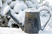 METAL WATERING CAN IN SNOW.