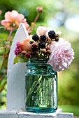 ROSA A SHROPSHIRE LAD AND ROSA LADY EMMA HAMILTON AND RUBUS FRUTICOSUS IN VINTAGE CANNING JAR ON PICKET FENCE