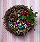 ILEX IN BIRD NEST WITH  GLASS ORNAMENTS