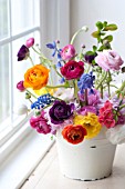 RANUNCULUS, MUSCARI ARMENIACUM, NARCISSUS AND HYACINTHOIDES HISPANICA IN FLORAL ARRANGEMENT