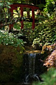 RED BRIDGE IN JAPANESE GARDEN WITH WATERFALL