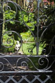 GARDEN SEEN THROUGH DECORATIVE BLACK IRON GARDEN GATE