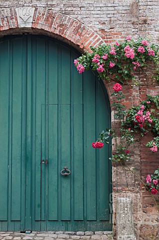 BLUE_ARCHED_DOOR_IN_BRICK_GATEWAY_WITH_RED_AND_PINK_CLIMBING_ROSES