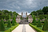 BUXUS SEMPERVIRENS AND TOPIARY IN FORMAL PARTERRE GARDEN AT CHATEAU DE BRECY