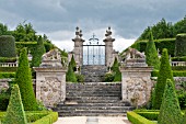 BUXUX SEMPERVIRENS AND TOPIARY IN FORMAL PARTERRE GARDEN AT CHATEAU DE BRECY
