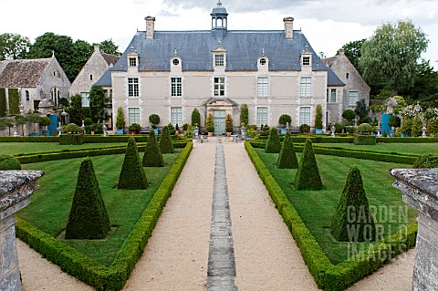 BUXUS_SEMPERVIRENS_AND_TOPIARY_IN_FORMAL_PARTERRE_GARDEN_WITH_STONE_URNS_AT_CHATEAU_DE_BRECY
