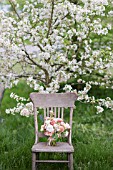 MALUS X EVERESTE  ROSA  RANUNCULUS ASIATICUS IN BOUQUET ON VINTAGE CHAIR