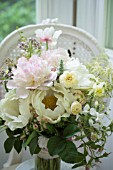 PAEONIA LACTIFLORA, CHESTINE GOUDY AND JAN VAN LEEUWEN PEONIES IN BOUQUET WITH ROSES AND POPPIES