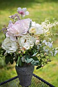 PAEONIA LACTIFLORA, CHESTINE GOUDY AND JAN VAN LEEUWEN PEONIES IN BOUQUET WITH ROSES AND POPPIES