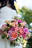 ROSA ROMANTIK ANTIKE, ASTRANTIA, LONICERA, SCABIOSA IN BOUQUET WITH  CARNATIONS