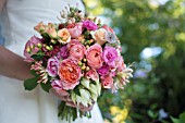 ROSA ROMANTIK ANTIKE, ASTRANTIA, LONICERA, SCABIOSA IN BOUQUET WITH  CARNATIONS