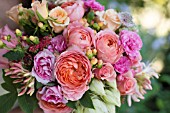 ROSA ROMANTIK ANTIKE, ASTRANTIA, LONICERA, SCABIOSA IN BOUQUET WITH  CARNATIONS