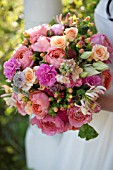 ROSA ROMANTIK ANTIKE, ASTRANTIA, LONICERA, SCABIOSA IN BOUQUET WITH  CARNATIONS