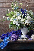 DELPHINIUM PAGAN PURPLES, DELPHINIUM BLUE JAY, PHLOX PANICULATA DAVID, WHITE ROSES, NIGELLA DAMASCENA AND CARNATION