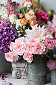 HYDRANGEAS, DAHLIAS, ZINNIA ELEGANS AND ASTERS IN ZINC BUCKETS