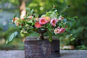 ONE SIDE OF TWO-SIDED FLORAL ARRANGEMENT USING DAHLIAS, ROSES AND SUMMER FLOWERS INCLUDING ROSA ROMANTIC ANTIKE