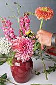 FLORAL DESIGNER ARRANGING BOUQUET WITH ZINNIA, DAHLIA, ROSE, SNAPDRAGON AND OTHER SUMMER FLOWERS