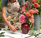 FLORAL DESIGNER ARRANGING BOUQUET WITH ZINNIA, DAHLIA, ROSE, SNAPDRAGON AND OTHER SUMMER FLOWERS