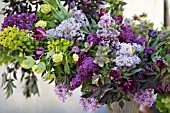 SYRINGA VULGARIS, TULIPA, HELLEBORUS, VIBURNUM OPULUS ROSEUM, SPRING FLORAL BOUQUET