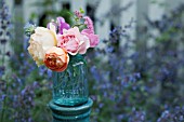 BOUQUET OF ROSA A SHROPSHIRE LAD, GRAHAM THOMAS, LADY EMMA HAMILTON AND RAINBOW KNOCKOUT IN ANTIQUE MASON CANNING JAR